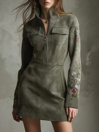Abito Mini in Finta Suede Verde Ricamato con Mezza Zip