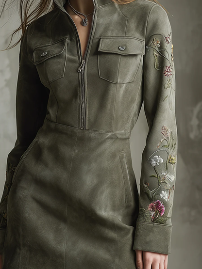 Abito Mini in Ecopelle Verde Ricamato con Mezzo Zip