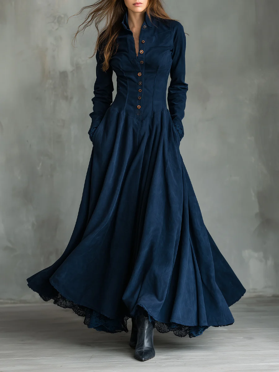 Abito Maxi in Finta Seta Blu Scuro con Colletto Camicia e Pizzo