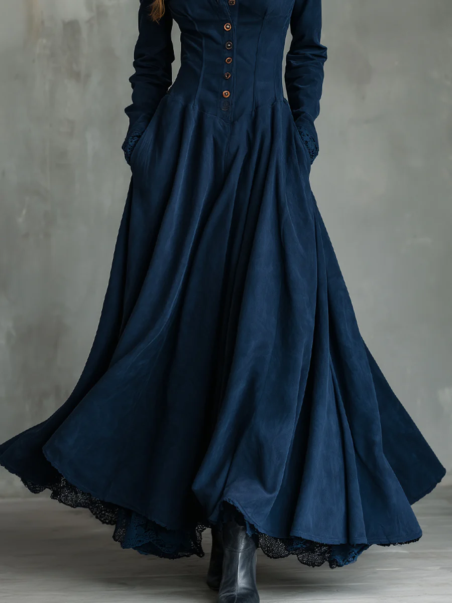 Abito Maxi in Finta Seta Blu Scuro con Collo Camicia e Pizzo
