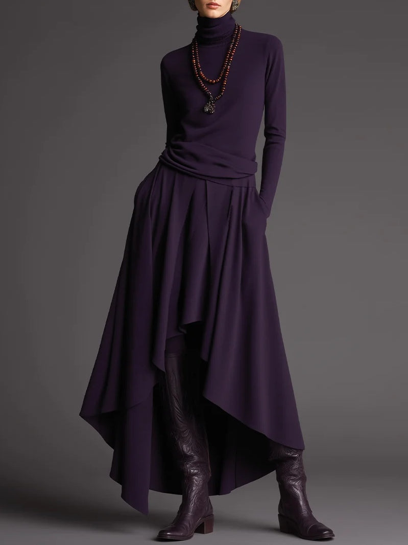 Set di due pezzi con maglione a collo alto viola e gonna asimmetrica