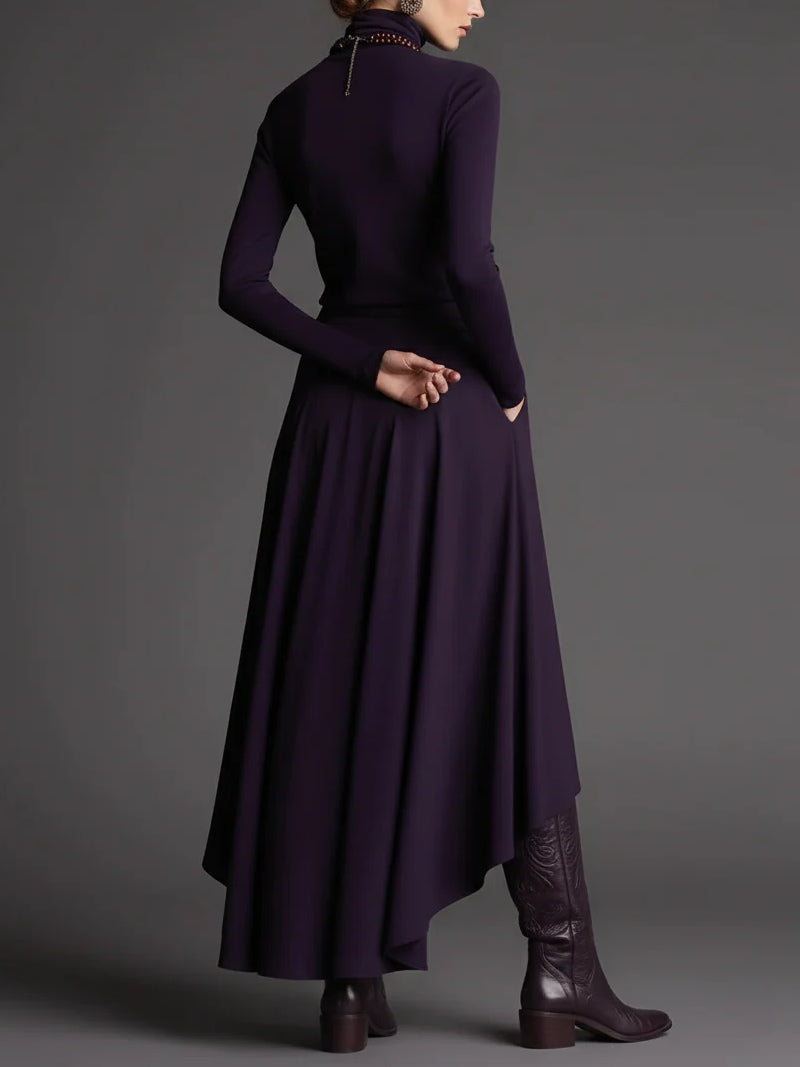 Set di Due Pezzi: Maglione Viola con Collo Alto e Gonna Asimmetrica