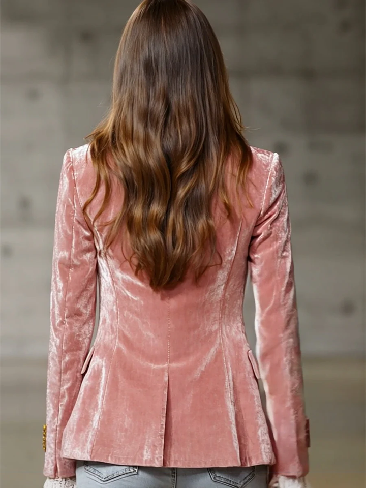 Blazer in Velluto Rosa Retro con Bottoni Dorati