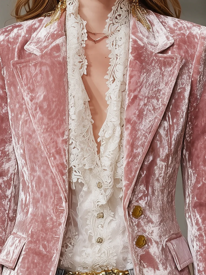 Blazer in Velluto Rosa Retro con Bottoni Dorati