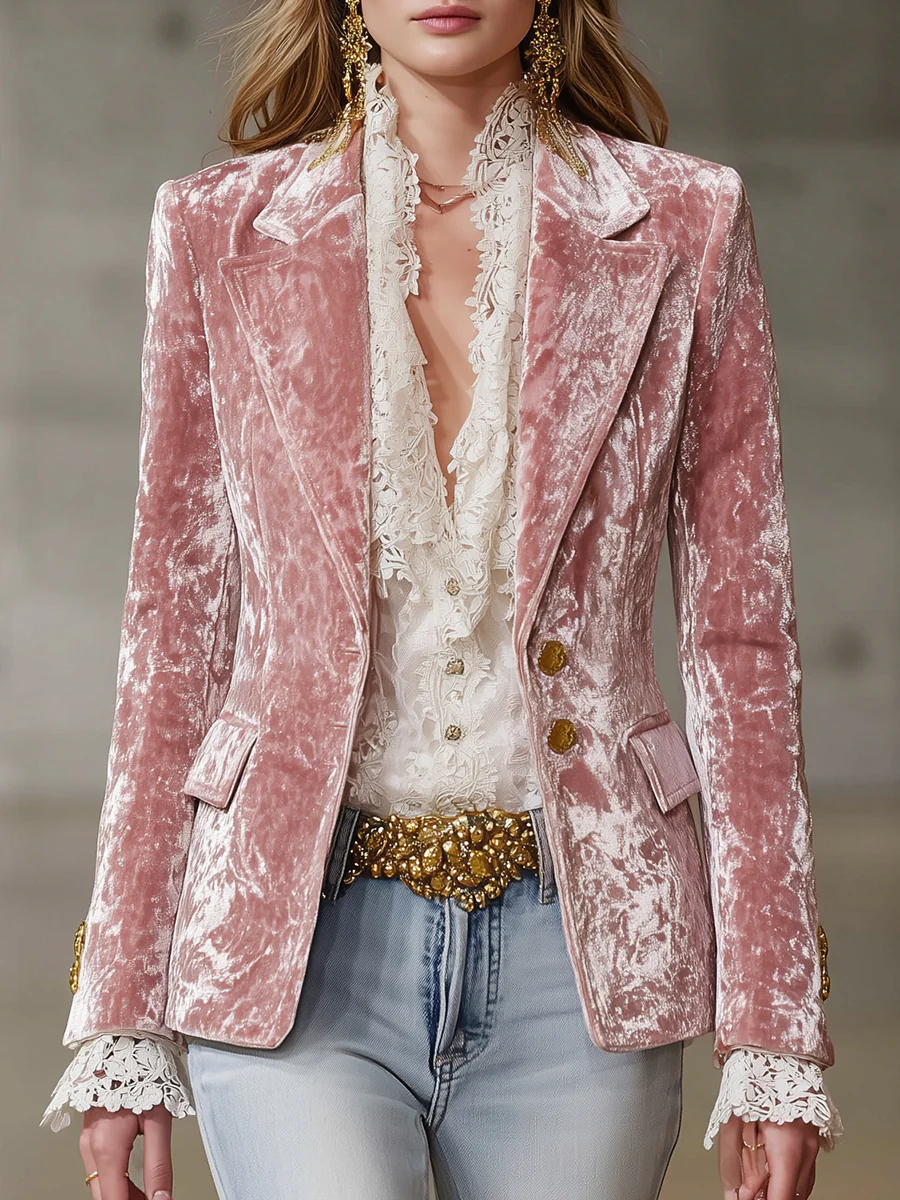 Blazer in Velluto Rosa Retro con Bottoni Dorati