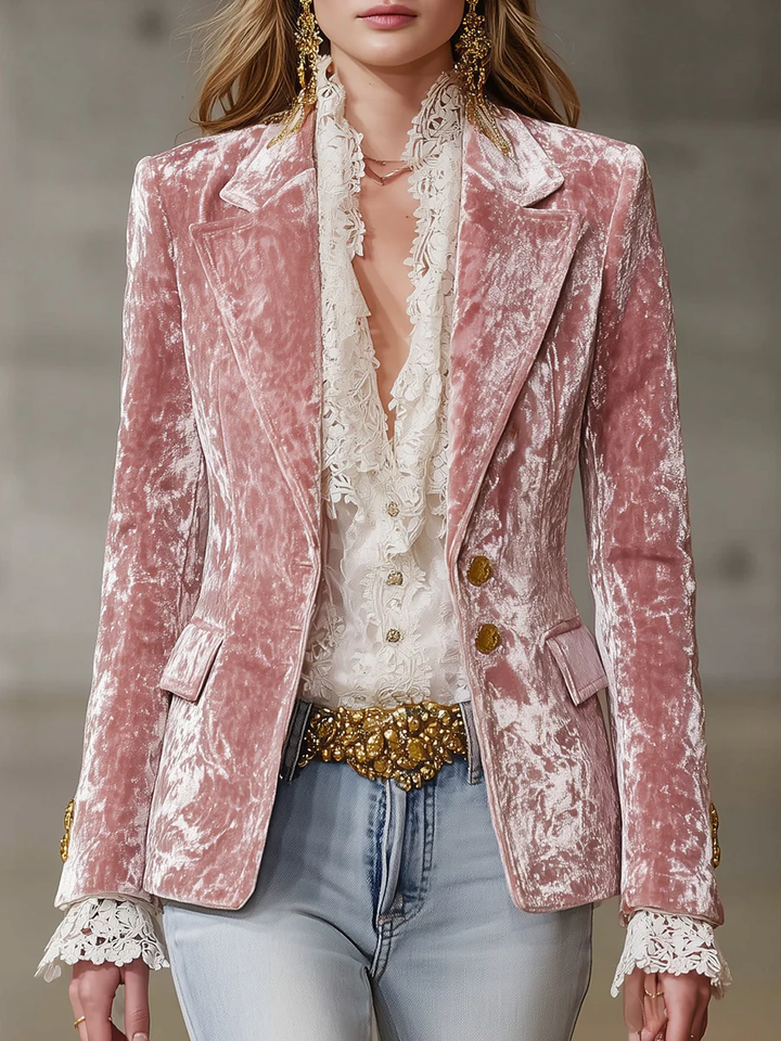 Blazer in Velluto Rosa Retro con Bottoni Dorati