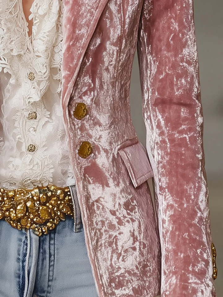 Blazer in Velluto Rosa Retro con Bottoni Dorati