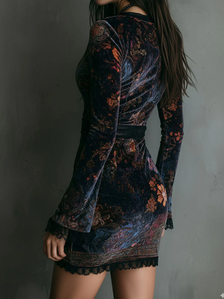 Abito Mini Slim-fit in Velluto con Pizzo e Stampa Floreale