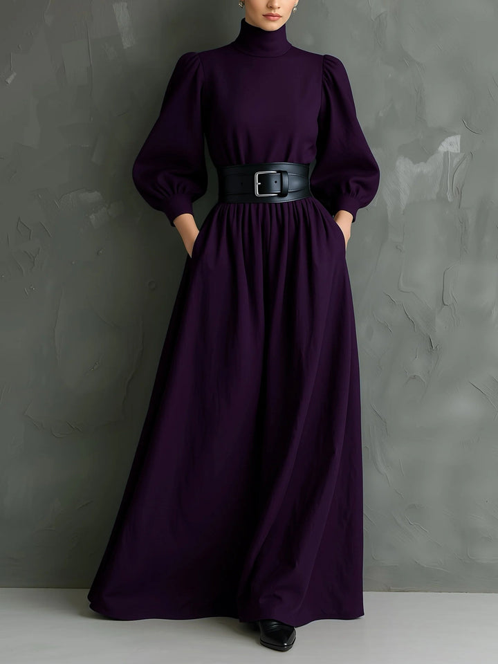 Elegante Abito Maxi a Maniche Lunghe Viola Scuro con Collo Alto (con cintura)