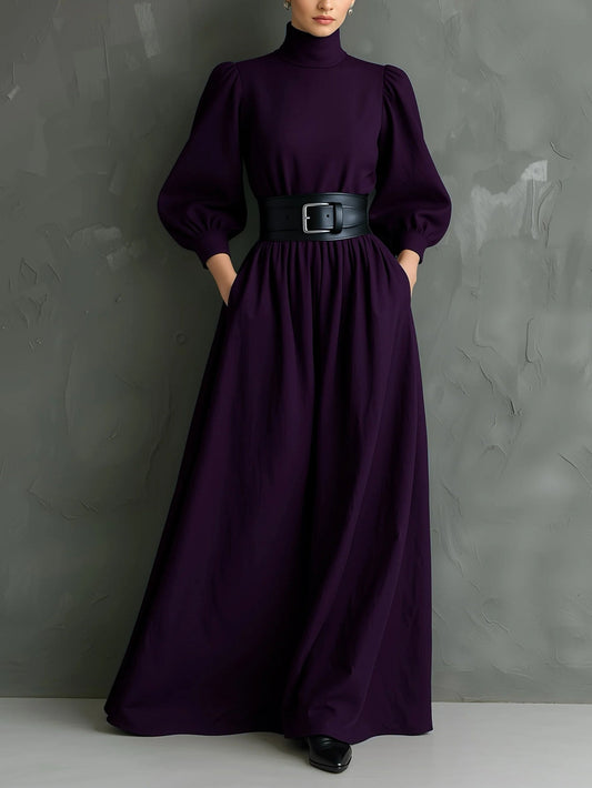 Elegante Abito Maxi Fitted a Maniche Lunghe Color Viola Scuro (con cintura)
