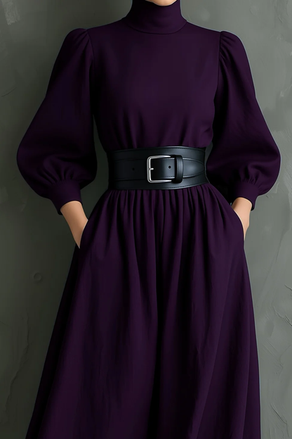 Elegante Abito Maxi a Maniche Lunghe Viola Scuro con Collo Alto (con cintura)