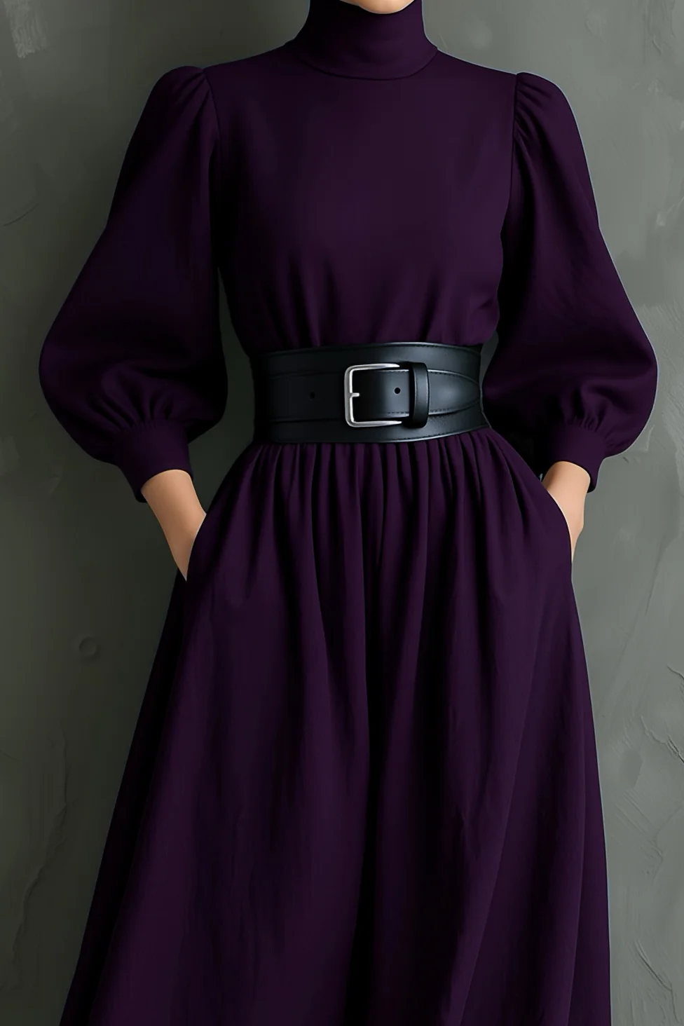 Elegante Abito Maxi Fitted a Maniche Lunghe Color Viola Scuro (con cintura)