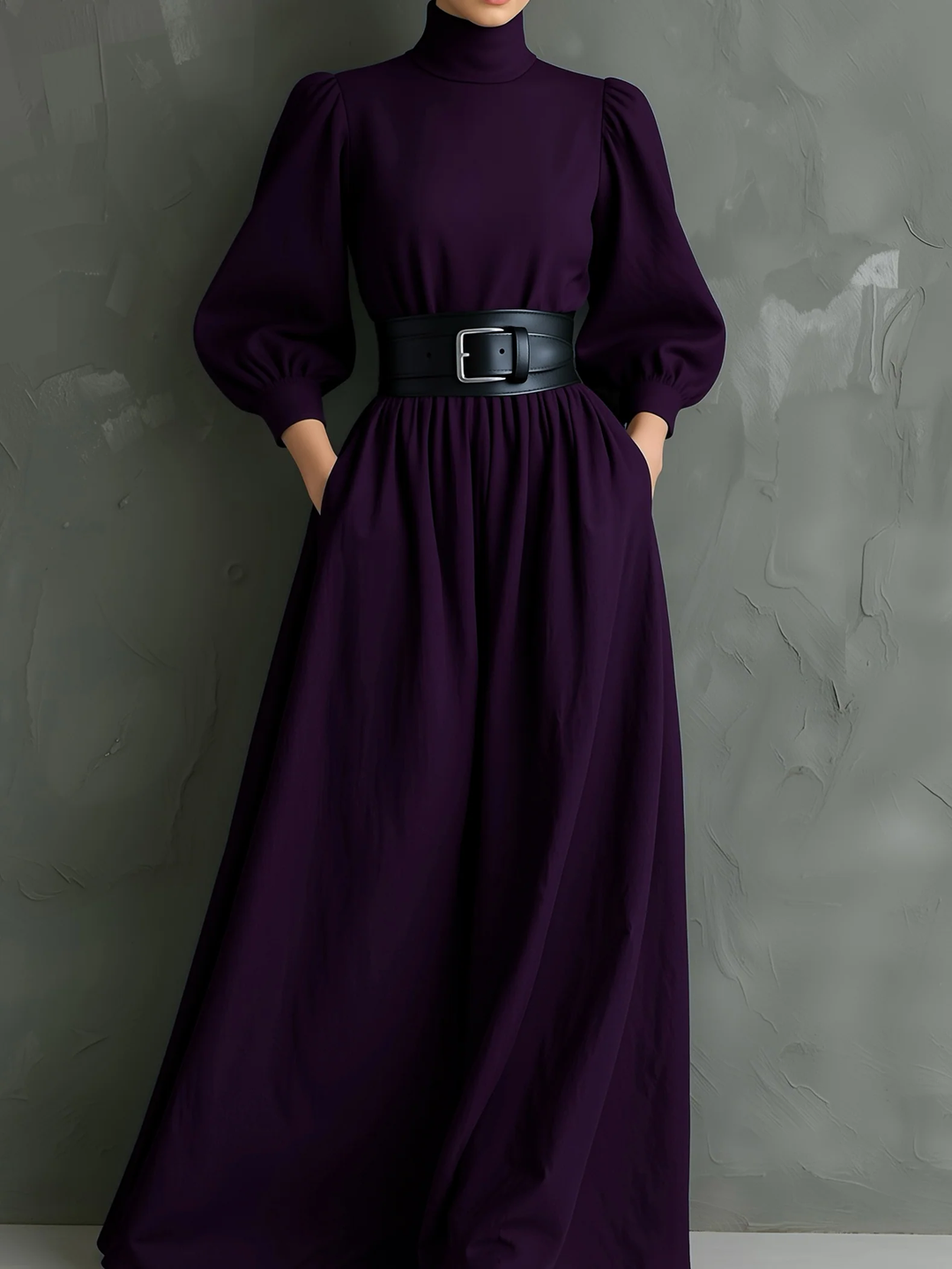 Elegante Abito Maxi Fitted a Maniche Lunghe Color Viola Scuro (con cintura)