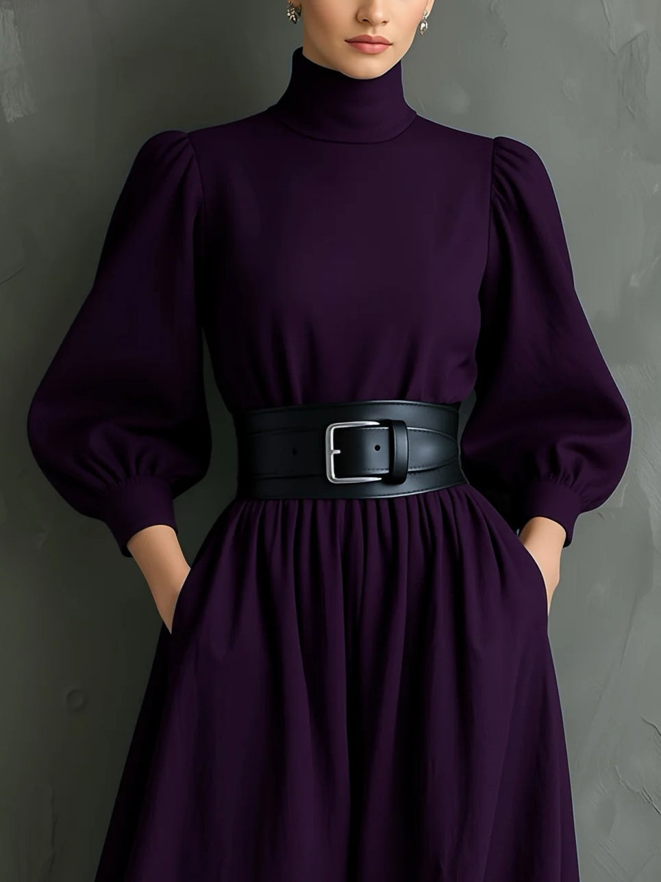 Elegante Abito Maxi Fitted a Collo Alto Lungo Maniche in Viola Scuro (con cintura)