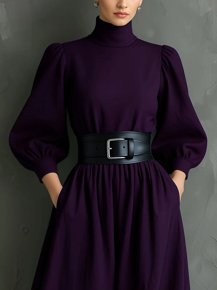 Elegante Abito Maxi Fitted a Collo Alto Lungo Maniche in Viola Scuro (con cintura)