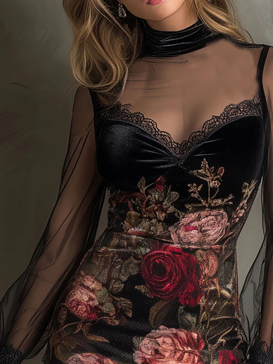 Abito Mini in Tulle con Stampa di Rose in Velluto