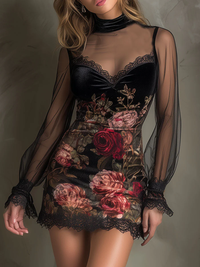 Abito Mini in Tulle con Stampa di Rose in Velluto