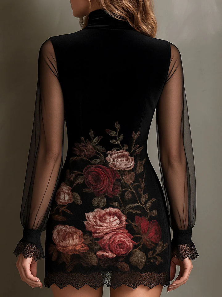 Abito Mini in Tulle con Stampa di Rose in Velluto