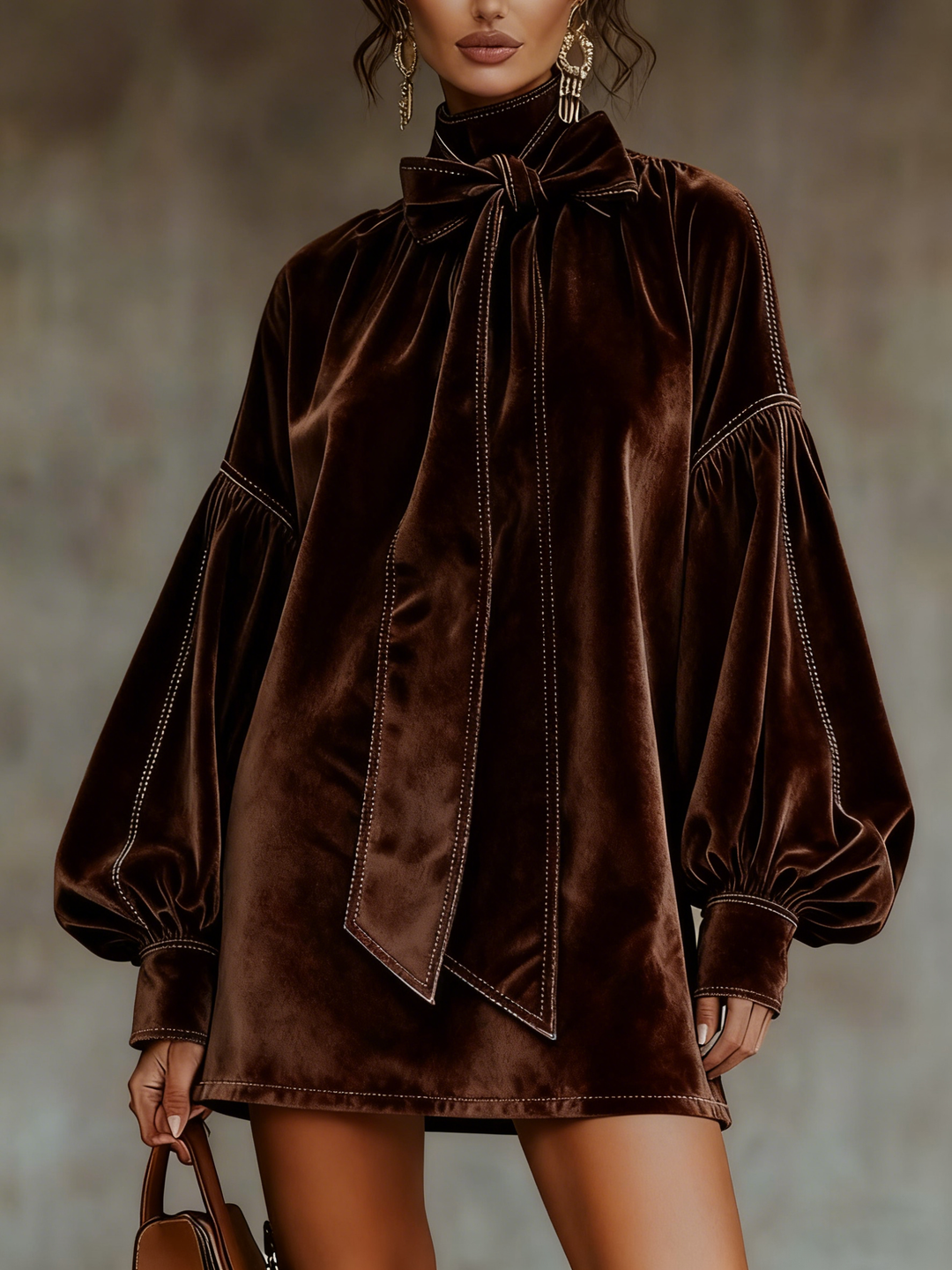 Abito Mini in Velluto Marrone Scuro con Maniche a Lanternino
