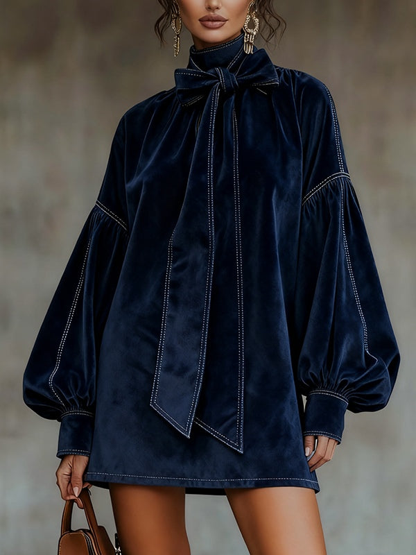 Abito Mini in Velluto Blu Scuro con Maniche a Lanternino