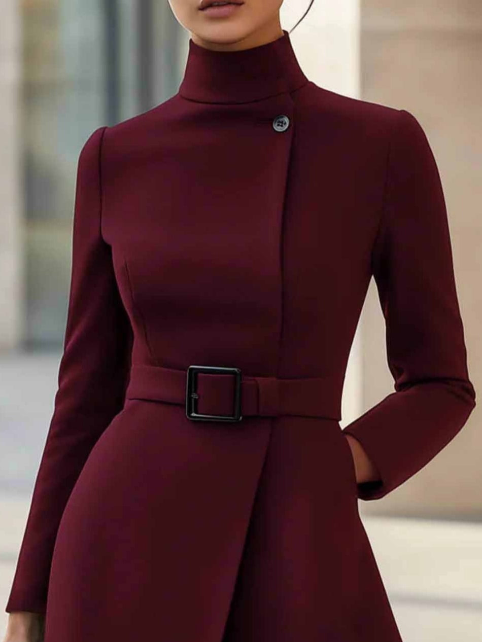Elegante Vestito Midi A-line con Collo Alto e Cintura (con cintura)