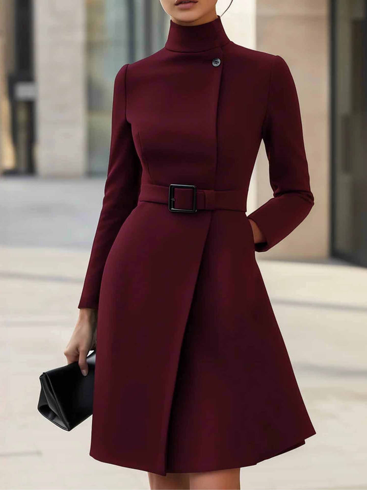Elegante Vestito Midi A-line con Collo Alto e Cintura (con cintura)