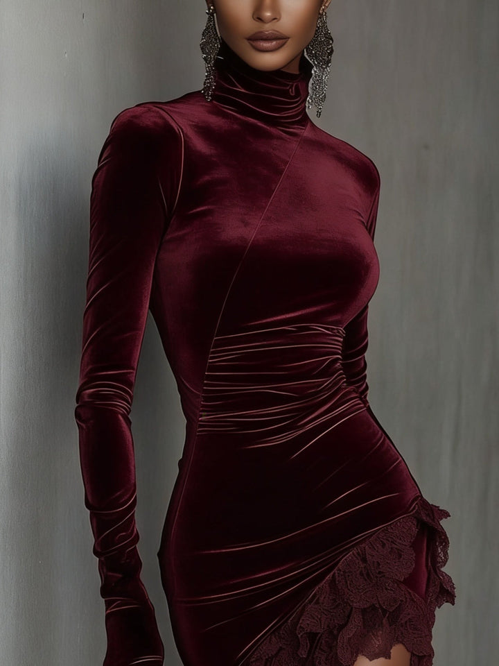 Abito Mini Fitted in Velluto Borgogna con Collo Alto e Bordo in Pizzo