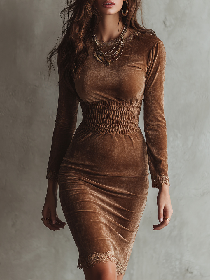 Abito Midi in Pizzo di Velluto Marrone Fitted