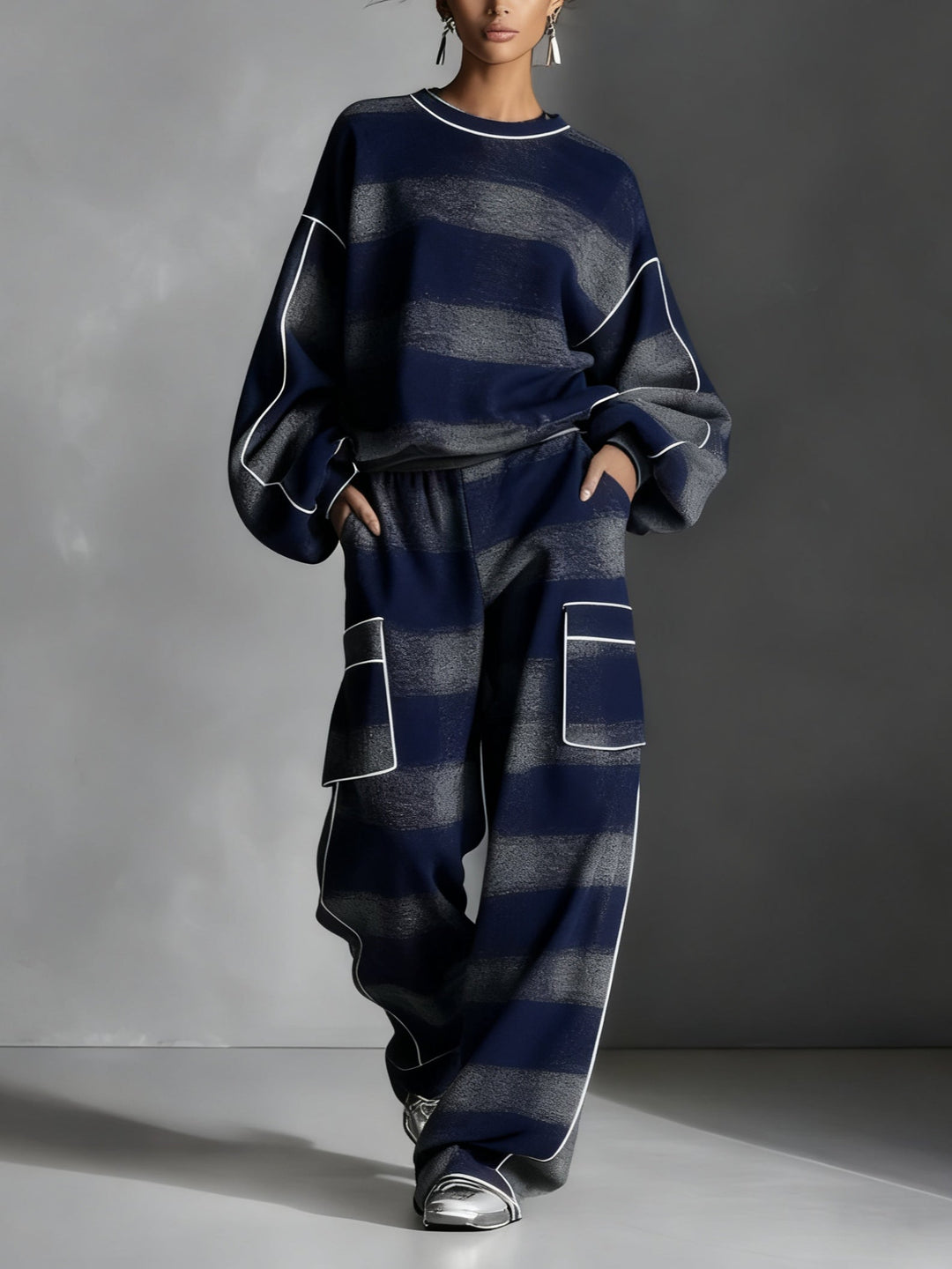 Felpa a blocchi di colore blu e grigia con pantaloni casual, set di due pezzi