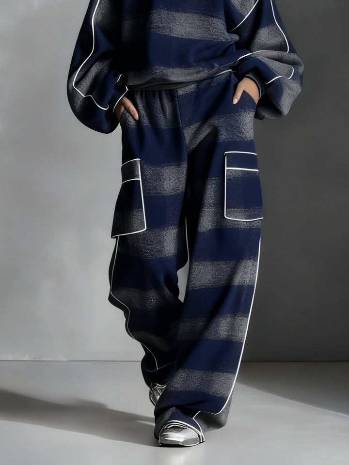 Felpa Color Block Blu e Grigia a Quadri e Pantaloni Casual Set Due Pezzi