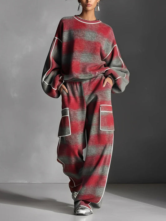 Felpa a blocchi di colore a quadri rossa e grigia e pantaloni casual, set di due pezzi