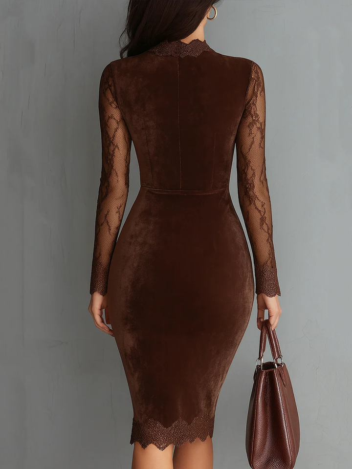 Abito Mini in Velluto con Collo a Fessura e Maniche in Pizzo Marrone Vintage
