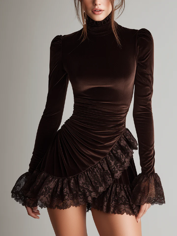 Abito Mini in Velluto Marrone con Collo Alto e Bordo in Pizzo Arricciato