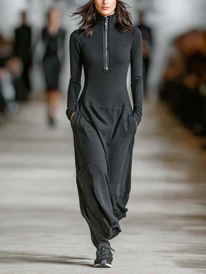 Abito Maxi Casual con Zip e Collo Alto Nero