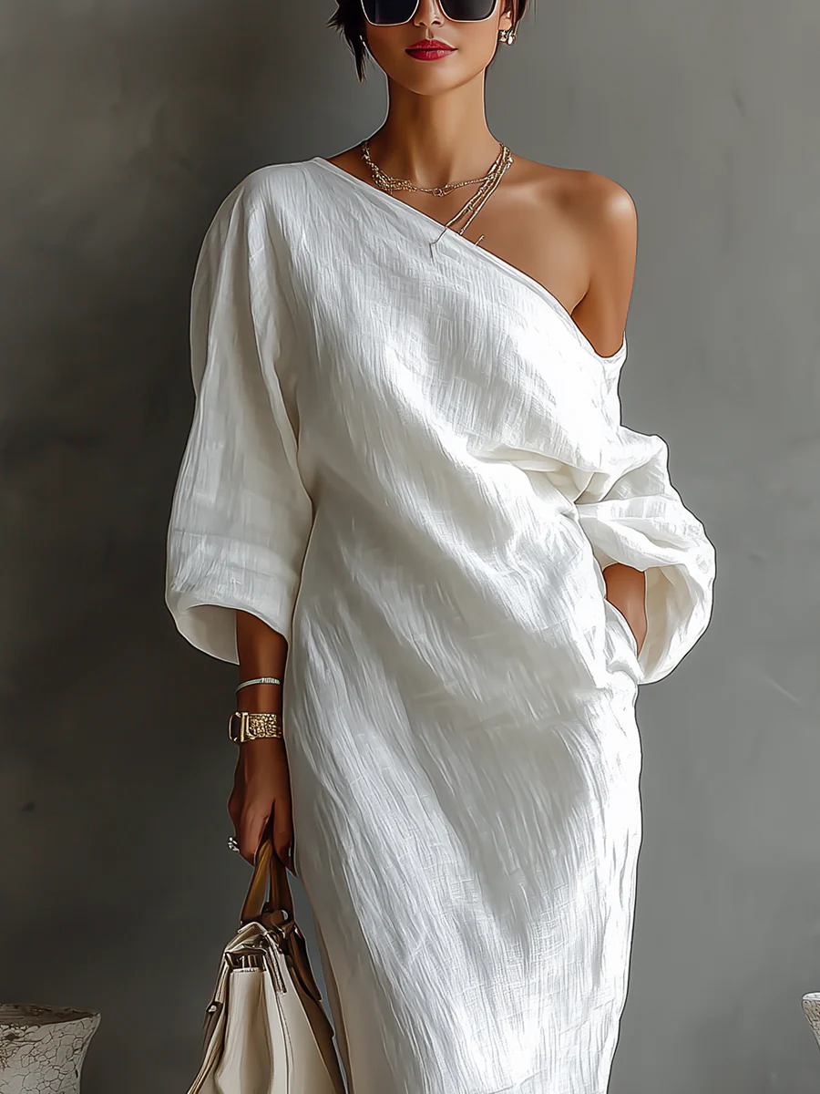 Abito Maxi Elegante Bianco con Spalla Scoperta (Senza tasche)