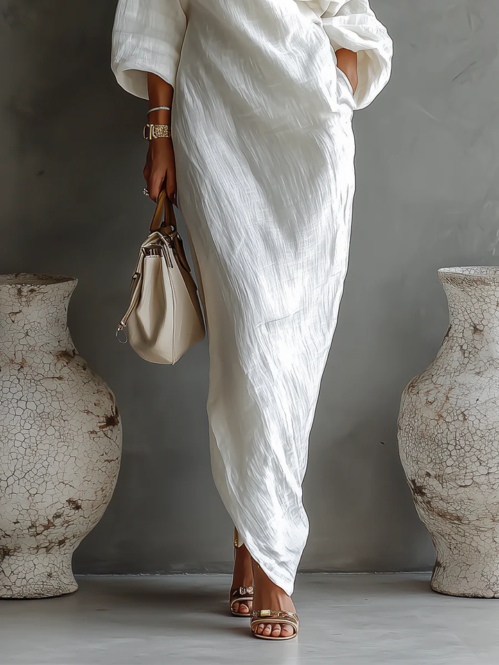 Abito Maxi Elegante Bianco con Spalla Scoperta (Senza tasche)