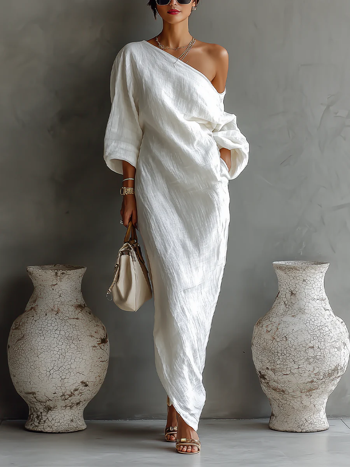 Abito Maxi Elegante Bianco a Spalla Unica (Senza tasche)