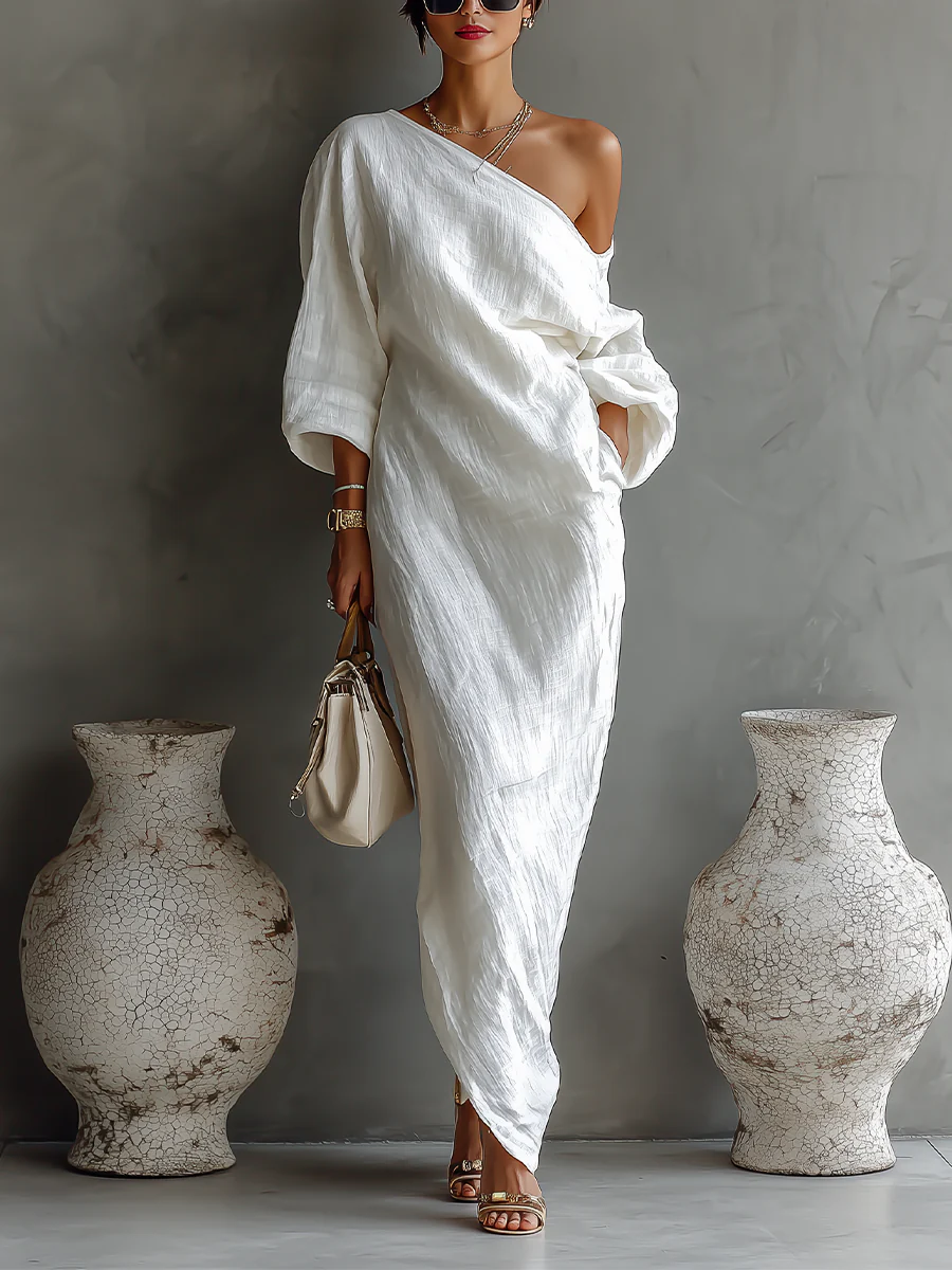 Abito Maxi Elegante Bianco con Spalla Scoperta (Senza tasche)
