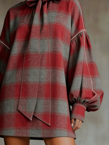 Abito Mini a Maniche Lantern in Plaid Rosso e Grigio
