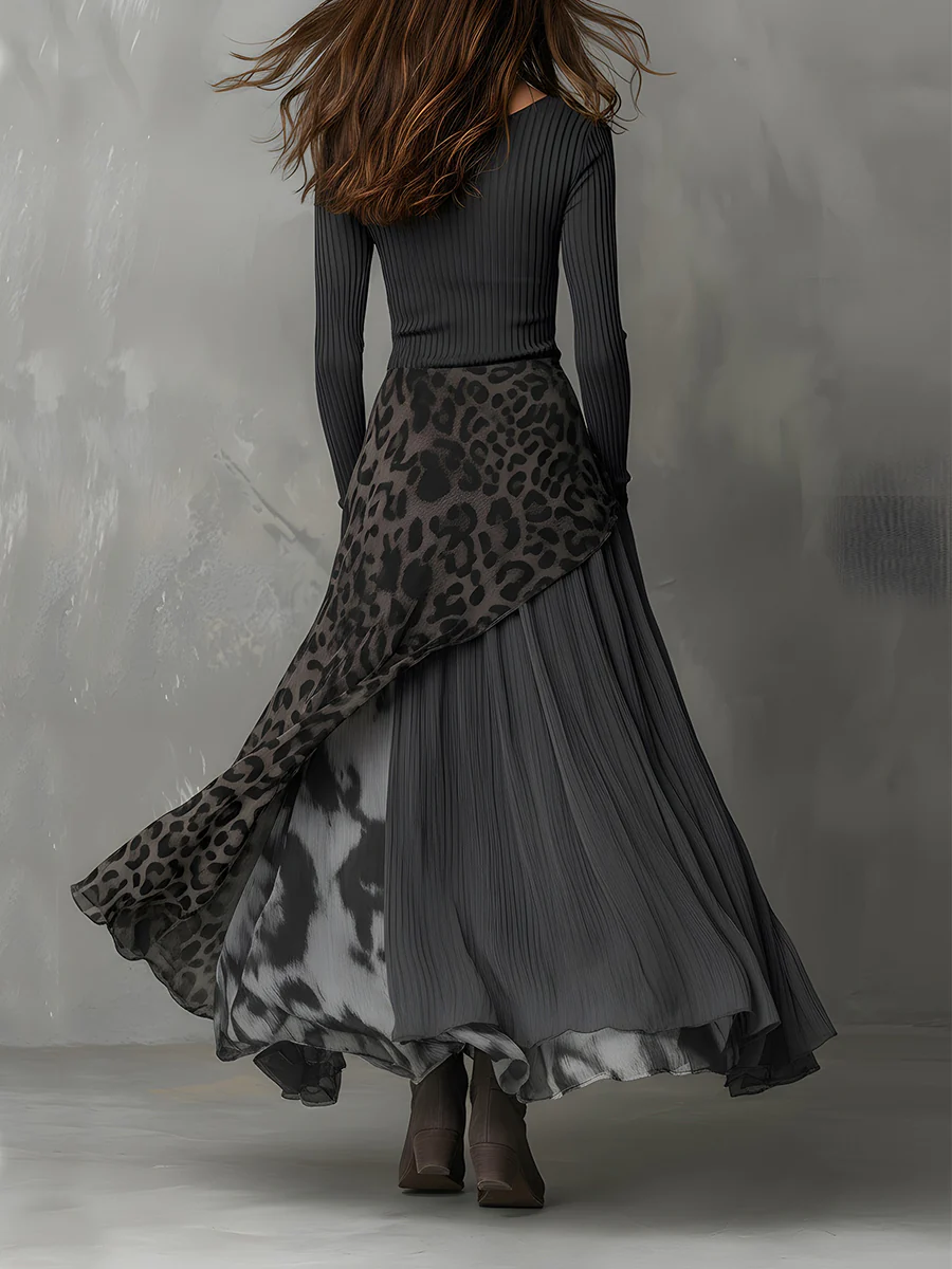 Abito Maxi con Stampa Leopardata e Strisce Grigie a Pitto