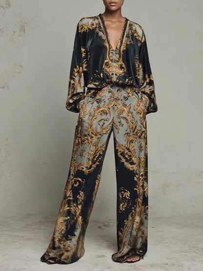 Top e Pantaloni a Gamba Larga in Stile Barocco