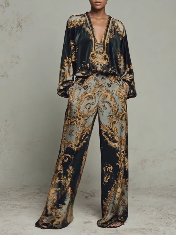 Top in Stile Barocco con Stampa Floreale e Pantaloni a Gamba Larga Casual