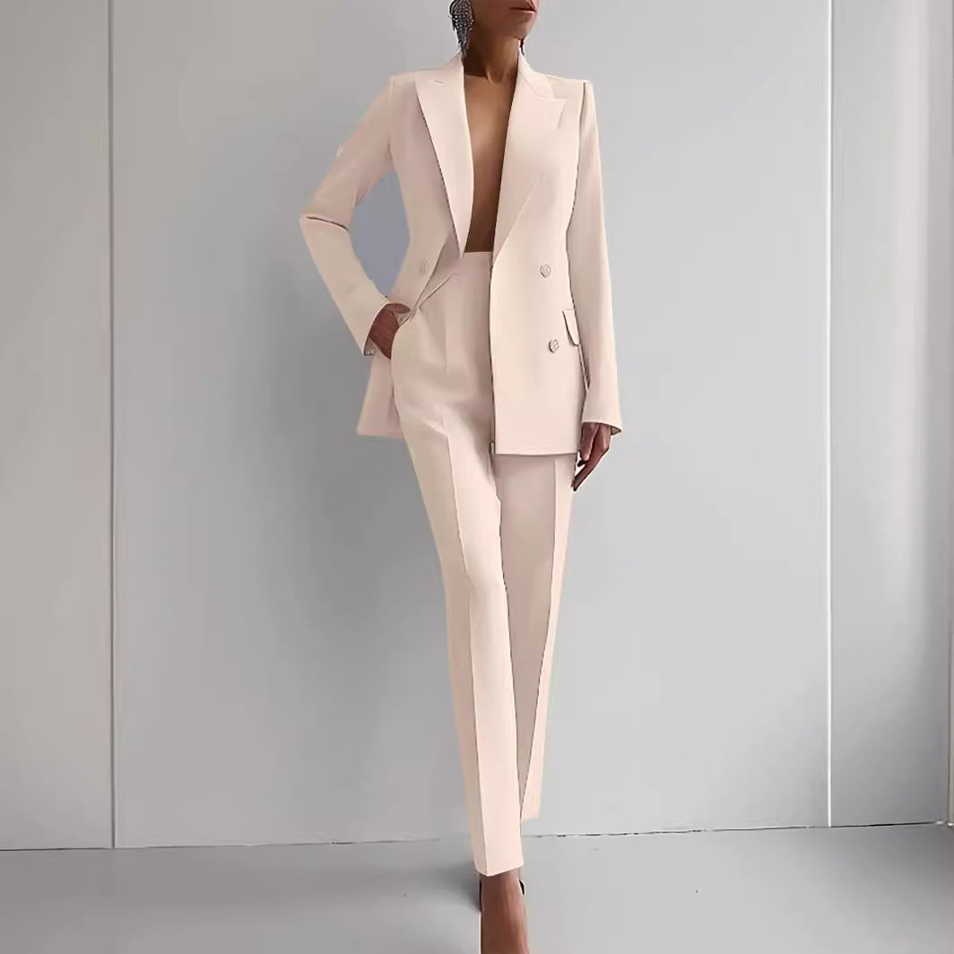 Blazer e Pantaloni a Vita Alta in Colore Solido per Commuting Casual