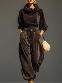 Set di felpa in velluto marrone vintage e pantaloni larghi (Include cintura)