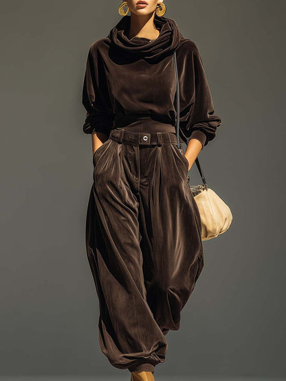 Set di felpa in velluto marrone vintage e pantaloni larghi (Include cintura)