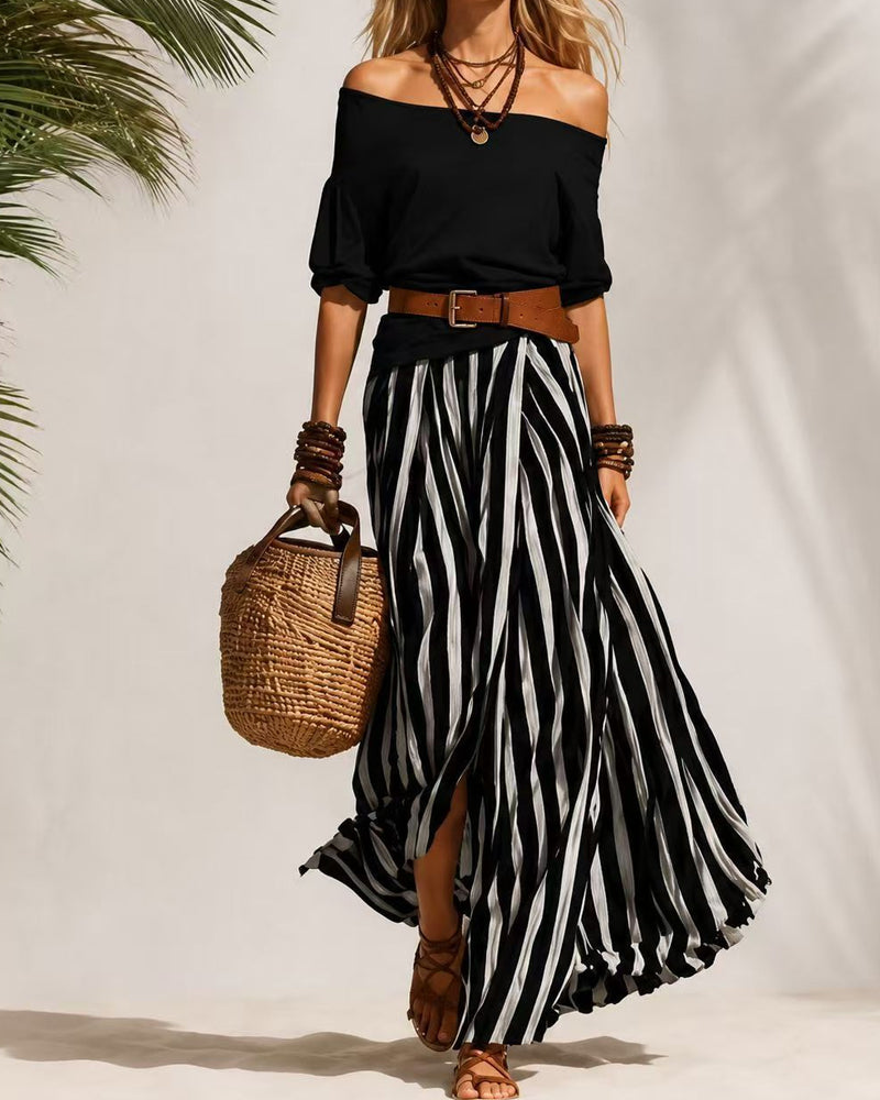 MADISON | Set Gonna Maxi a Strisce con Top Off-Shoulder