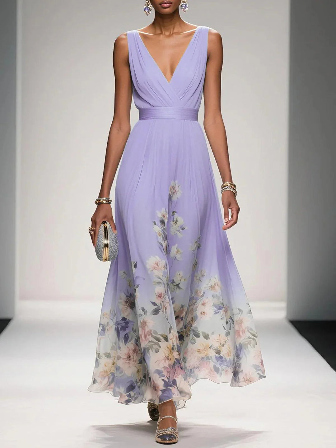 Abito Maxy A-Line Senza Maniche V in Chiffon Blu Chiaro con Fiori