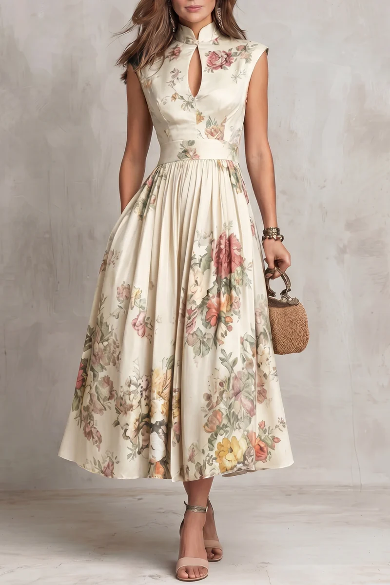 Abito Midi in Satin Pieghettato con Collo a Chiave Nera