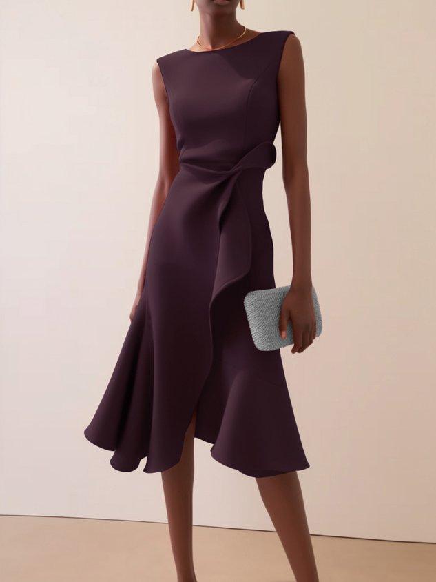 Abito Elegante Midi Rosso Senza Maniche con Nodo in Vita per Giorno e Notte