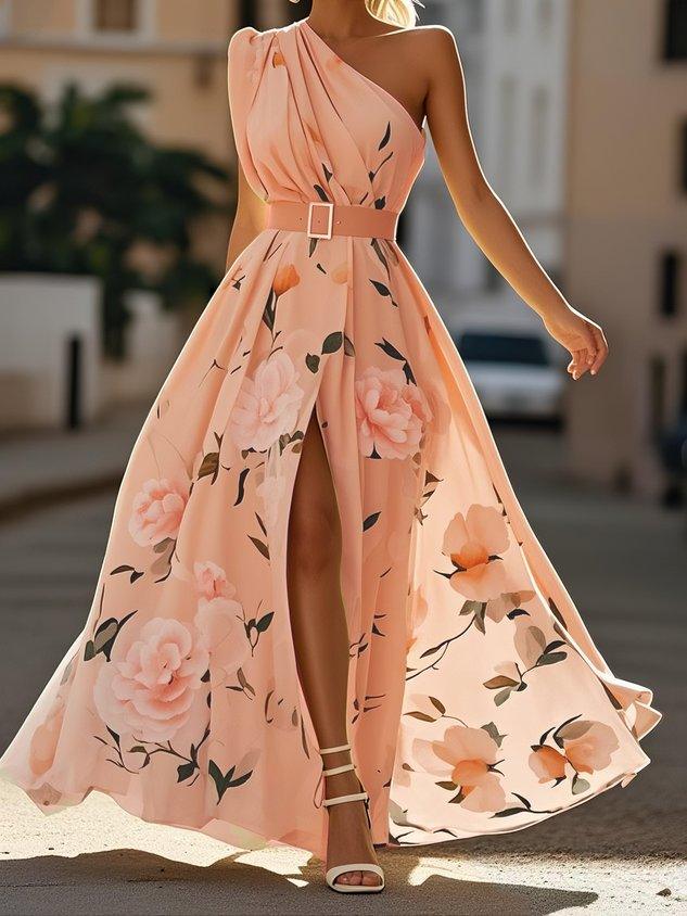 Abito Maxy in Chiffon Verde Chiaro a Fiori con Spalla Scoperta